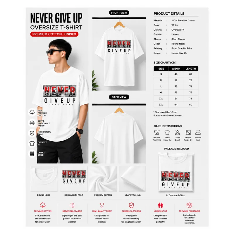 NEVER GIVE UP Oversize T-Shirt thumbnail 2