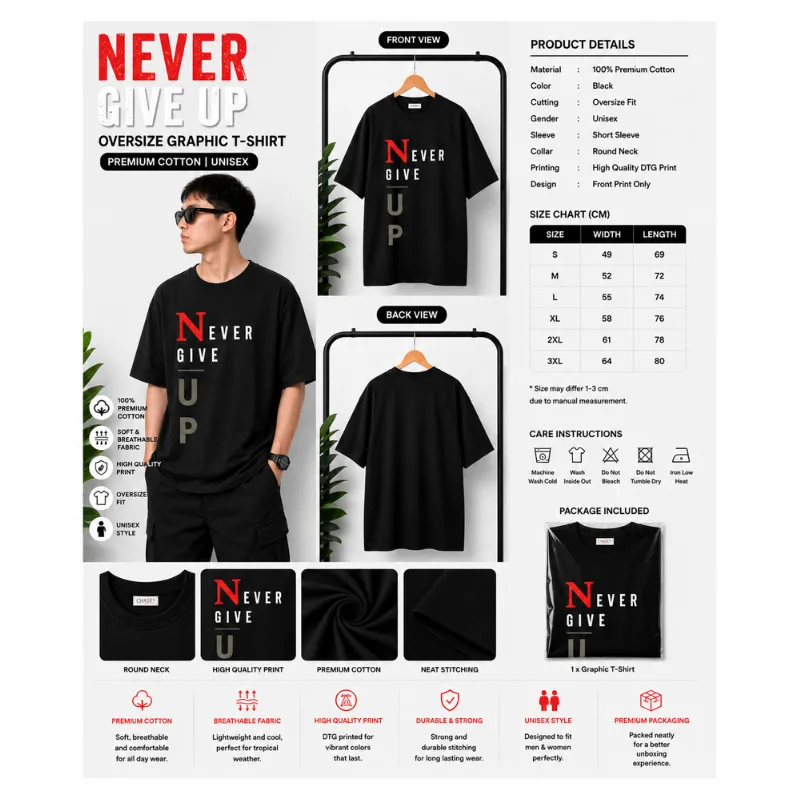 NEVER GIVE UP Oversize T-Shirt thumbnail 2