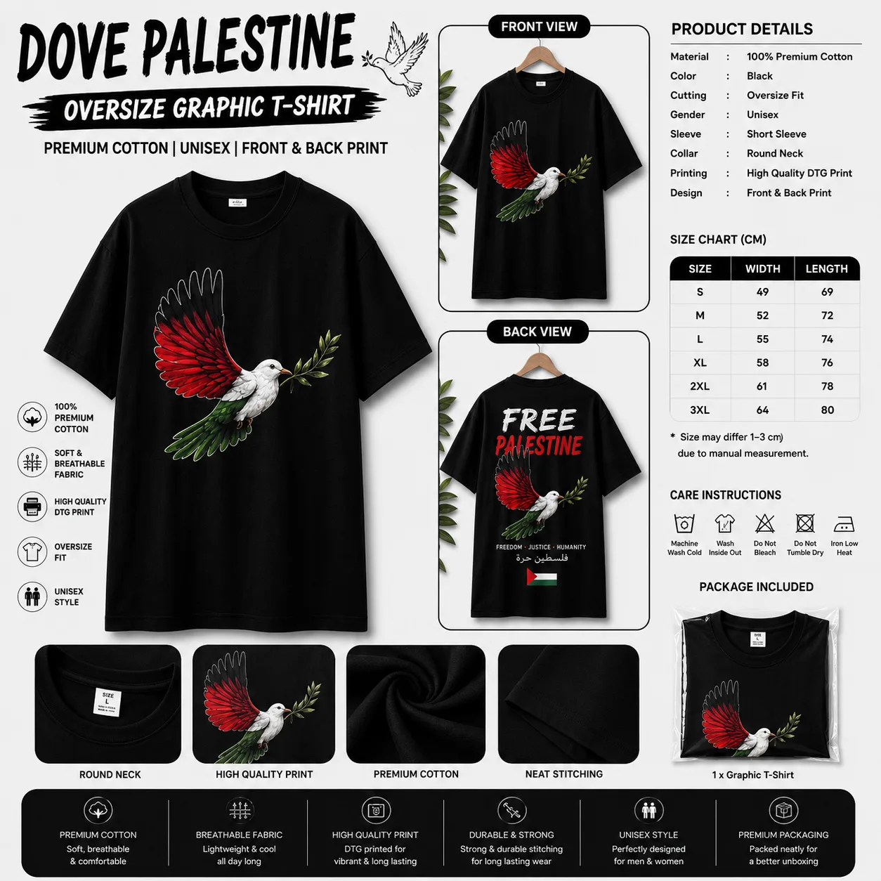 DOVE PALESTINE Oversize Graphic T-Shirt thumbnail 2