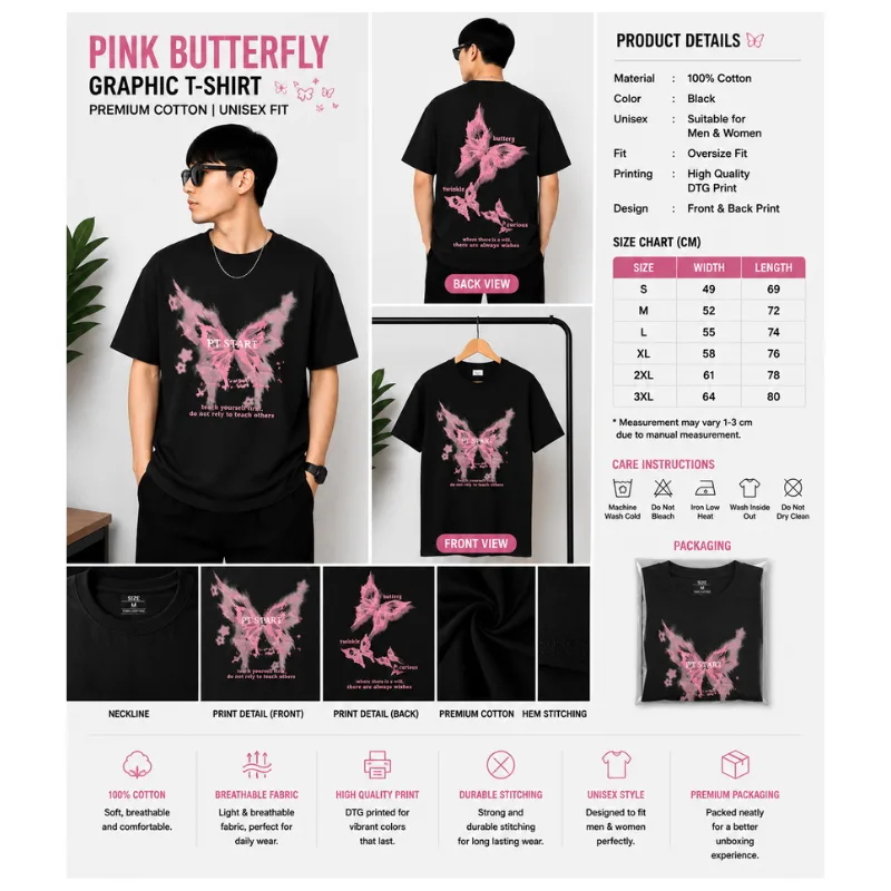 Pink Butterfly Graphic T-Shirt thumbnail 3