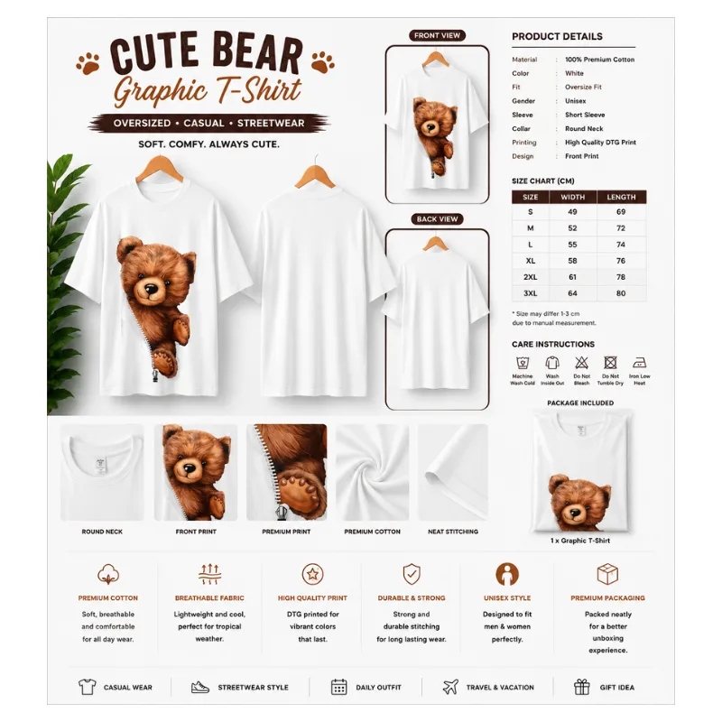 Cute Bear Peek Oversized T-Shirt thumbnail 2