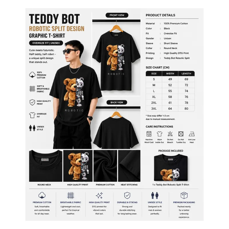 Teddy Bot Robotic Split Graphic T-Shirt thumbnail 2