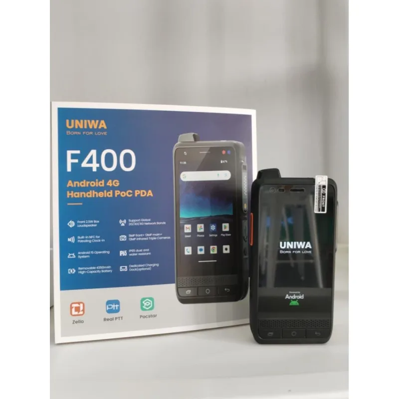 UNIWA F400 IP65 4G LTE POC TALKIE ZELLO Androi 15 4.0 Inch 2.5w speaker Audio 4350mAh Walkie Elektronik Hitam dengan Bluetooth 5.0 & Kamera 13MP Belakang Touch Screen woki toki