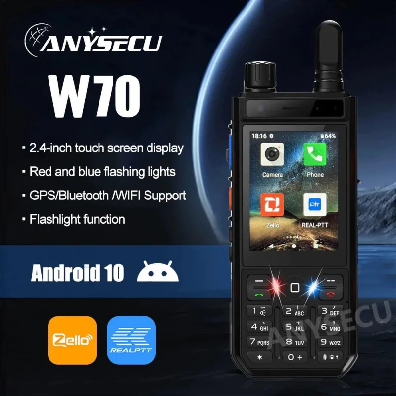 Anysecu W70 4G F2 Android 10 POC Radio Real-PTT ZELLLO POC Star Unlimited Jarak Walkie Talkie dengan Layar Sentuh 2.4 Inci dan Lampu Kuningan Merah dan Biru GPS Bluetooth WIFI Support thumbnail 2