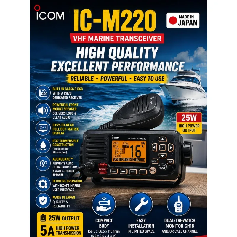 ICOM IC, M220 Marine Radio 25W Waterproof IPX7 Made In Japan Boat Yacht Fishing
