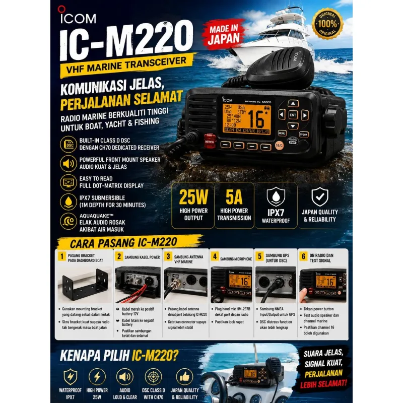 ICOM IC, M220 Marine Radio 25W Waterproof IPX7 Made In Japan Boat Yacht Fishing thumbnail 4
