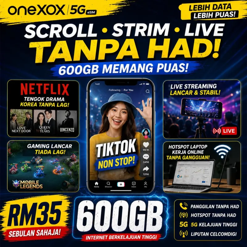 OneXOX 5G 600GB RM35 Unlimited Call Hotspot CelcomDigi Prepaid SIM Card thumbnail 2