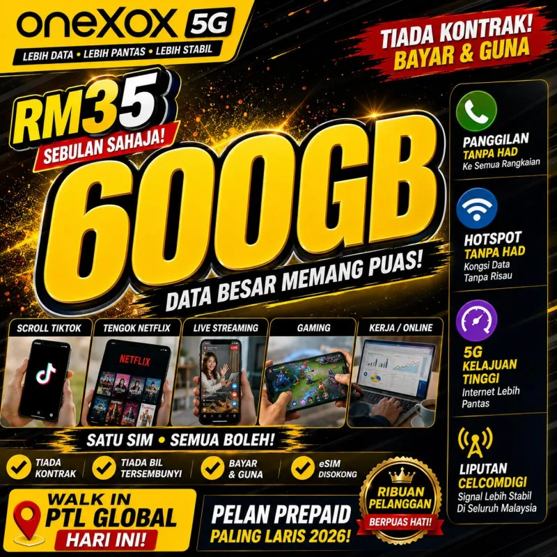 OneXOX 5G 600GB RM35 Unlimited Call Hotspot CelcomDigi Prepaid SIM Card thumbnail 4