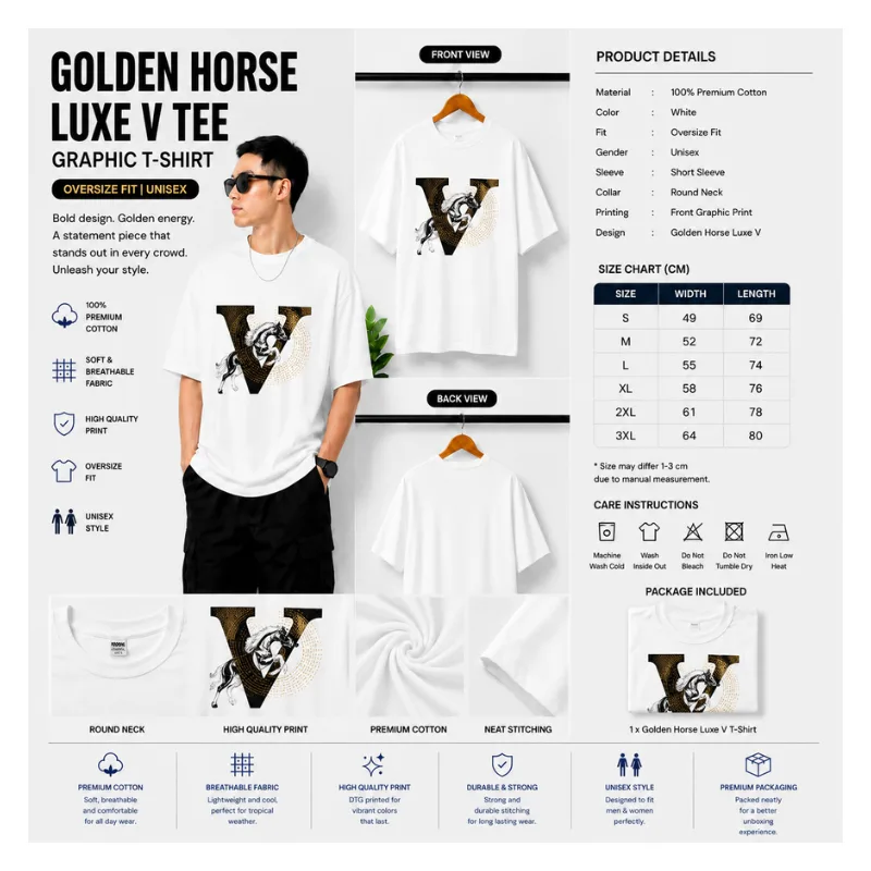 Golden Horse Luxe V Tee – Oversize Unisex Graphic T-Shirt thumbnail 2