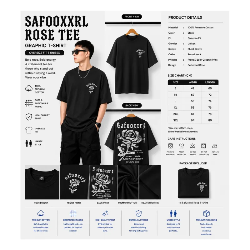 Safuoxxrl Rose Tee Black Edition – Oversize Unisex Graphic T-Shirt thumbnail 2