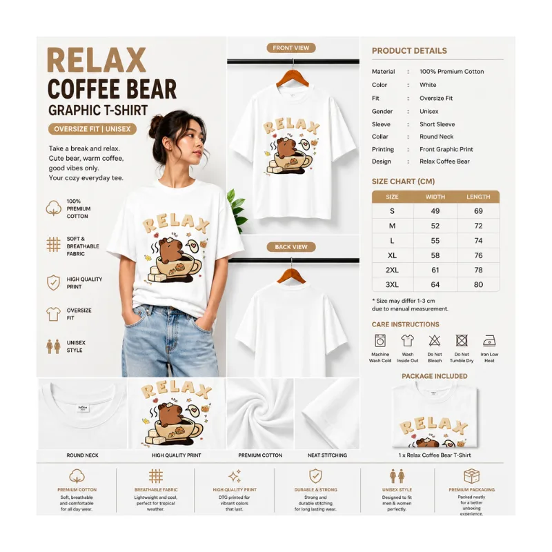 RELAX COFFEE BEAR Graphic Oversize T-Shirt thumbnail 2
