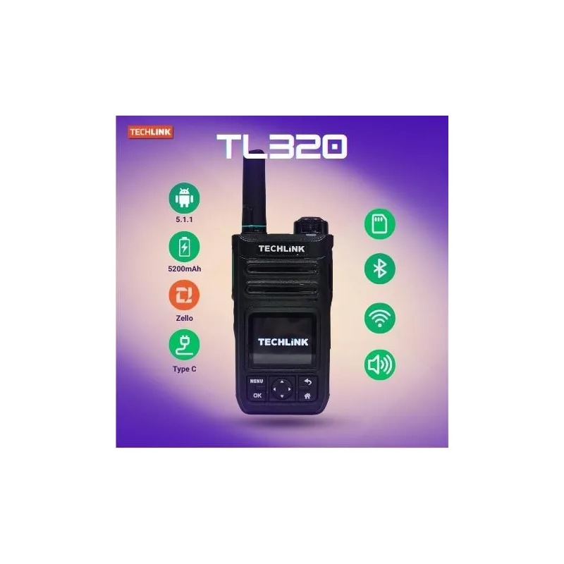 Techlink TL-320 Seri 4G POC Walkie Talkie Audio Power Wireless dengan 5200mAh Bateri dan Bluetooth 5.1.1 Sistem Android