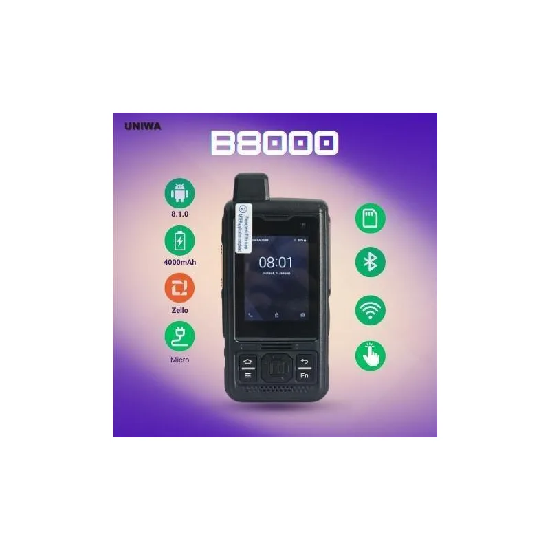UNIWA B8000 4G LTE POC WALKIE TALKIE ZELLO Android Smartphone Tahan Air IP68 4000mAh Bateri 2.4" HD IPS Sentuh Skrin 8.1.0 OS Bluetooth 4.2 GPS Sokongan NFC Penjelmaan Penjelmaa...