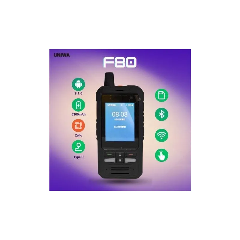 UNIWA F80 8GB 4000MAH Zello Android 8.1 Walkie Talkie 5300mAh Bateri 2.4" Sentuh Skrin Quad Core 1GB RAM 8GB ROM IP54 Tahan Air