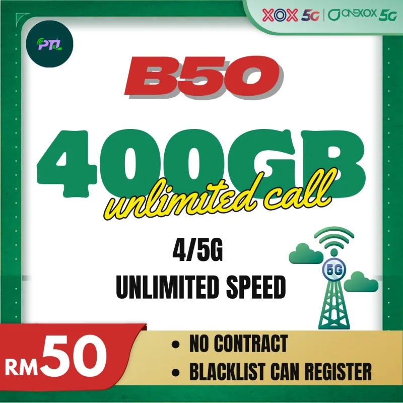ONEXOX 5G B50 Pelan Pascabayar 400 GB Data Hotspot Panggilan Tanpa Had RM53 sebulan termasuk SST Telefon