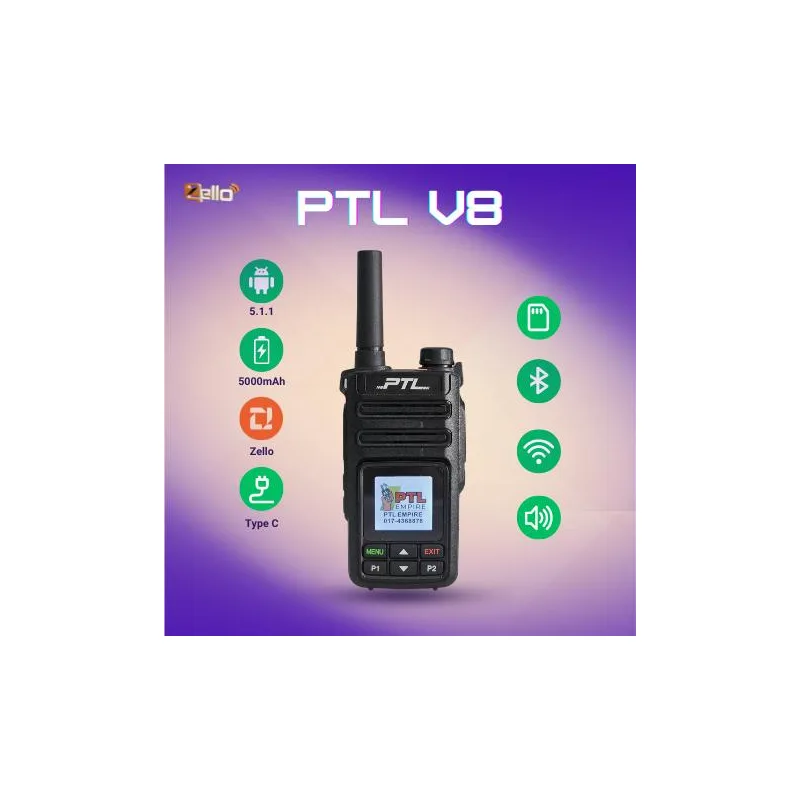 PTL PTL-V8 SIMCARD 4G TALKIE Slim & Small Type C 5000mAh Radio Set Zello Walkie Talkie dengan Bluetooth dan Sistem 5.1.1