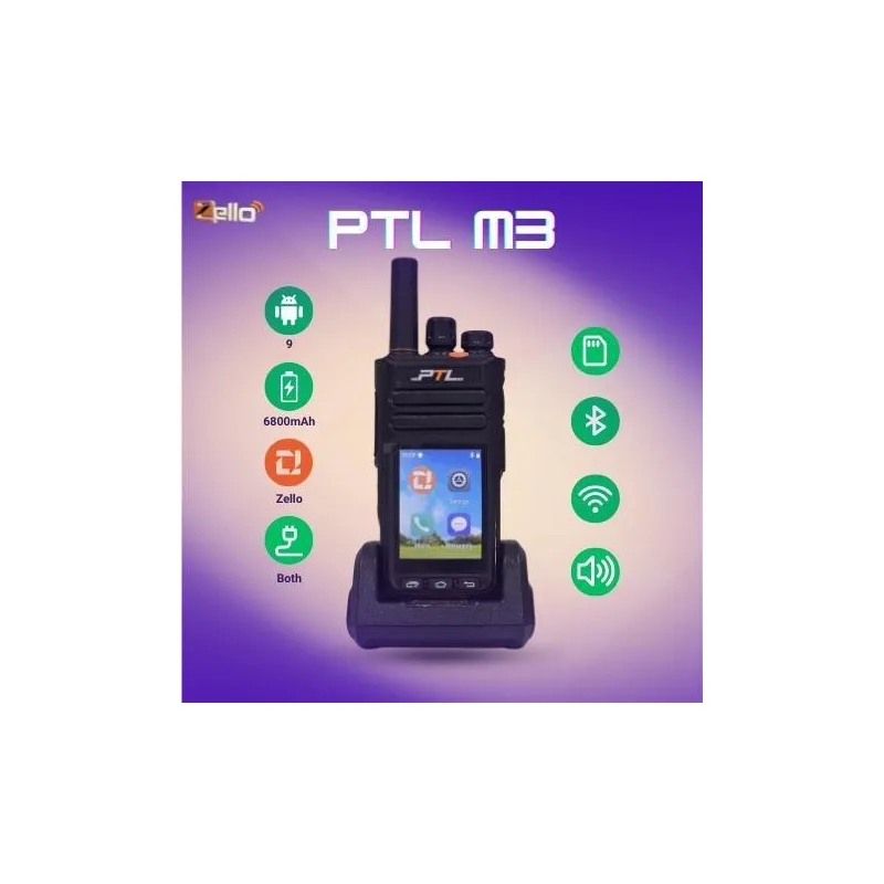 PTL M3 Zello Walkie Talkie dengan Skrin Sentuh 4G LTE Jaringan Kad Tunggal Radio Handheld Amplifier Audio Nirkabel Hitam SEKALI CAJ DUDUK set 6800mAh Bateri 9 Zello Bluetooth