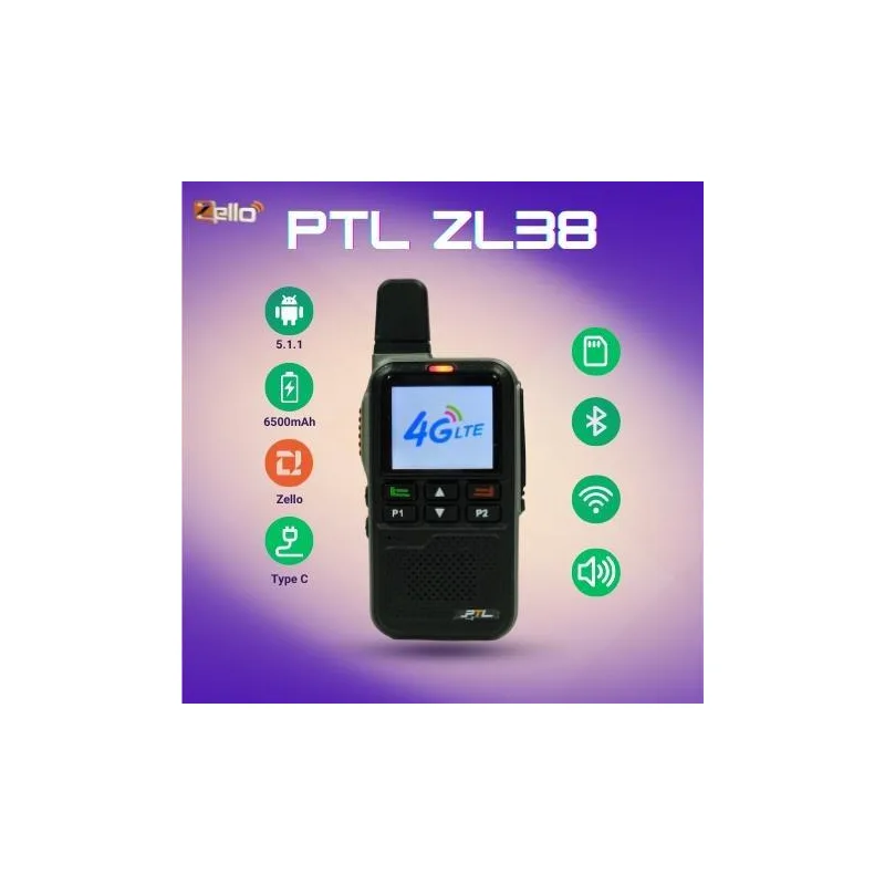 PTL ZL38 SLIM LASAK Zello 4G Lte Jaringan Single Card Handheld Radio Amplifier Audio Wireless Hitam set dengan Skrin LED 1.77 inci Android 5.1 Qualcomm Prosesor 6500mAh Bateri T...