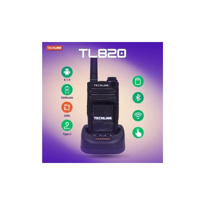 TECHLINK TL-820 Tourch Screen 4G POC Walkie Talkie dengan Docking Audio Power Elektronik Radio Set 5200mAh Zello Type C Android 8.1.0