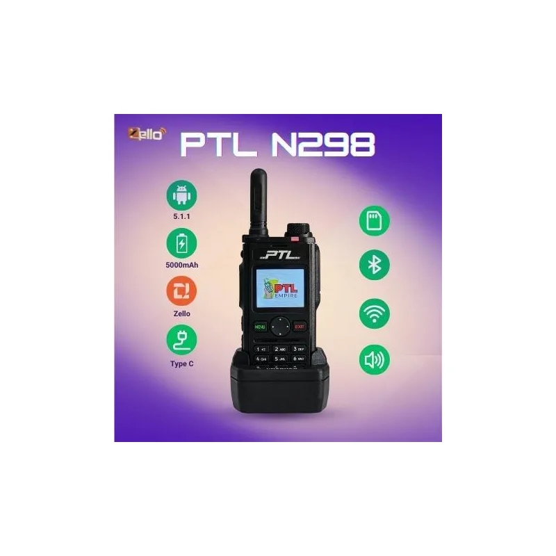 PTL N298 Charge Duduk Keypad Zello 4g Lte Jaringan Kad Tunggal Radio Tangan Hitam Talkie Walkie Audio Amplifier Set dengan Bateri 5000mAh & Bluetooth V3.0