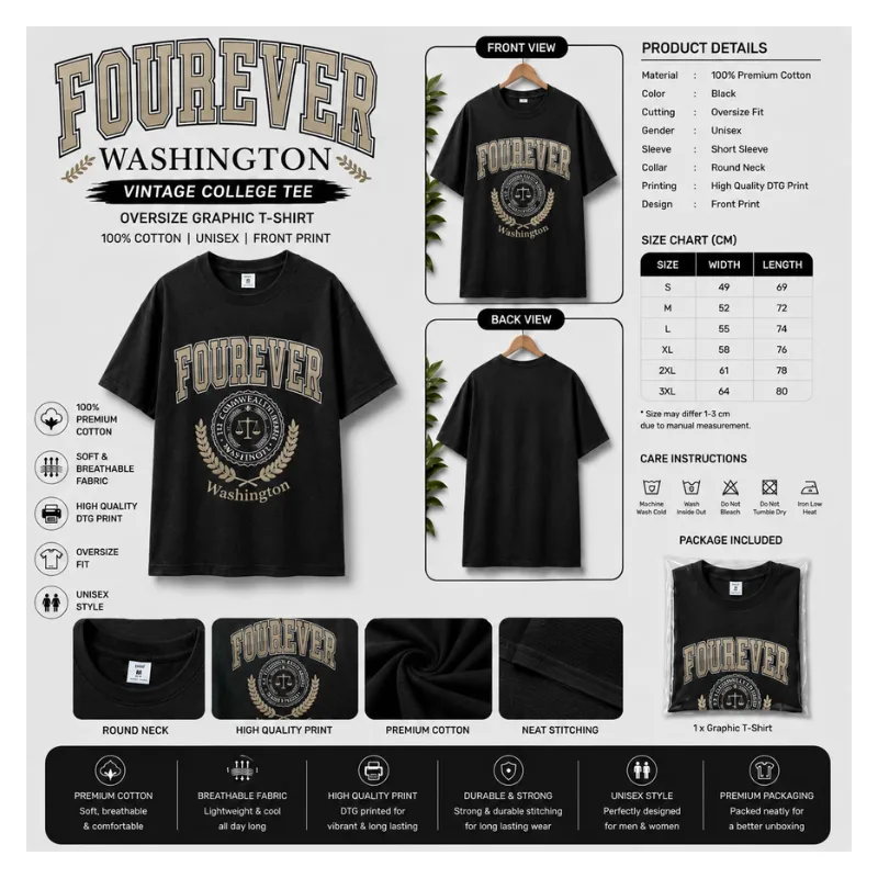 FOUREVER Washington Vintage College Tee Oversize T-Shirt thumbnail 2