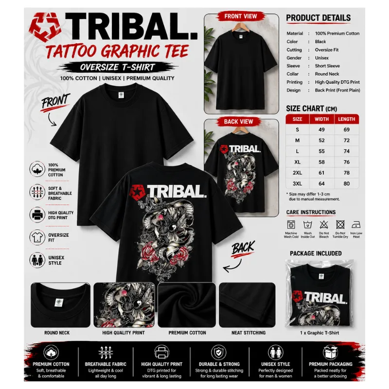 TRIBAL Tattoo Graphic Oversize T-Shirt thumbnail 2