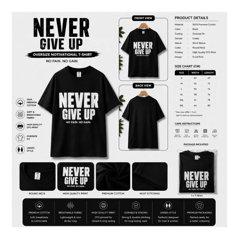 NEVER GIVE UP Oversize Graphic T-Shirt thumbnail 2