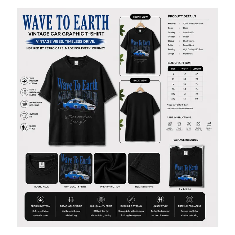 Wave To Earth Vintage Car Oversize Graphic T-Shirt thumbnail 2