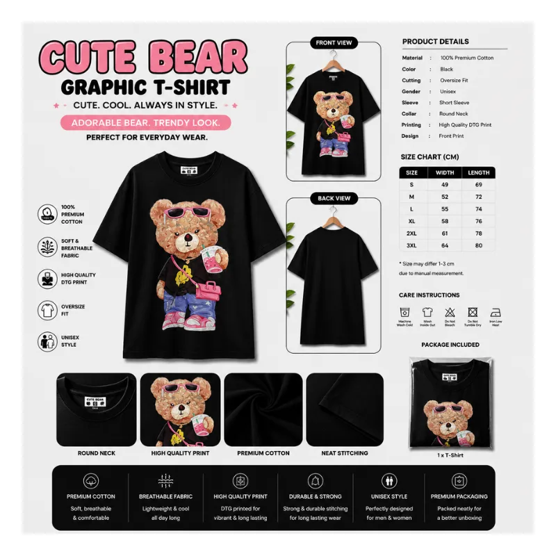 Cute Bear Fashion Graphic T-Shirt thumbnail 2