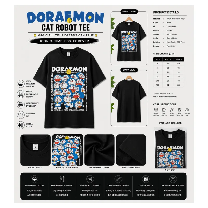 Doraemon Cat Robot Tee – Black Oversize Unisex T-Shirt thumbnail 2