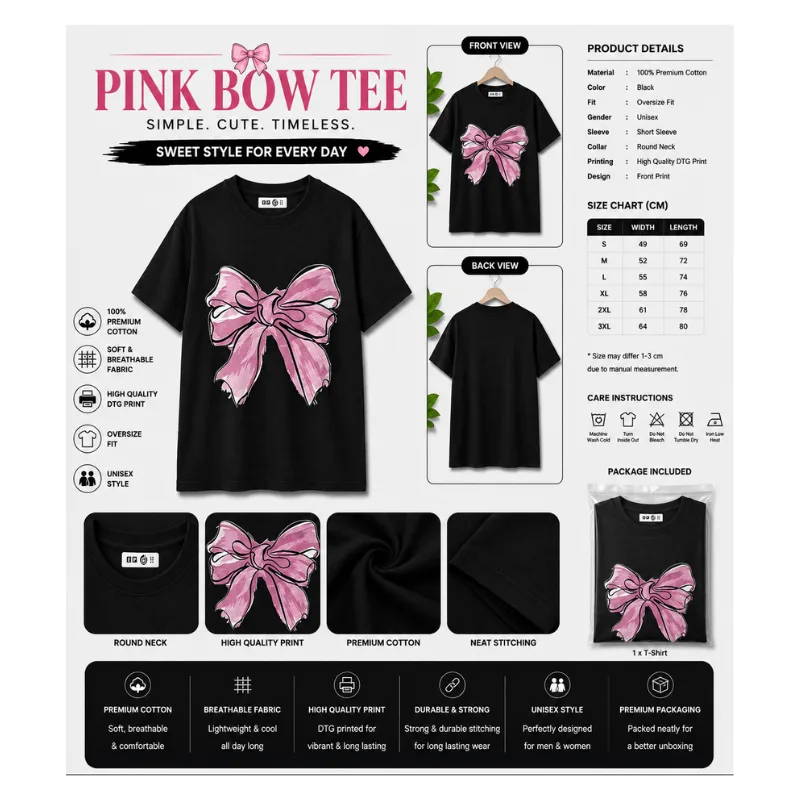 Pink Bow Aesthetic Tee – Black Oversize Unisex T-Shirt thumbnail 2