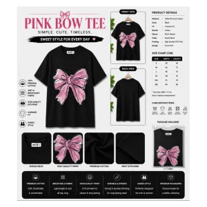 Pink Bow Aesthetic Tee – Black Oversize Unisex T-Shirt