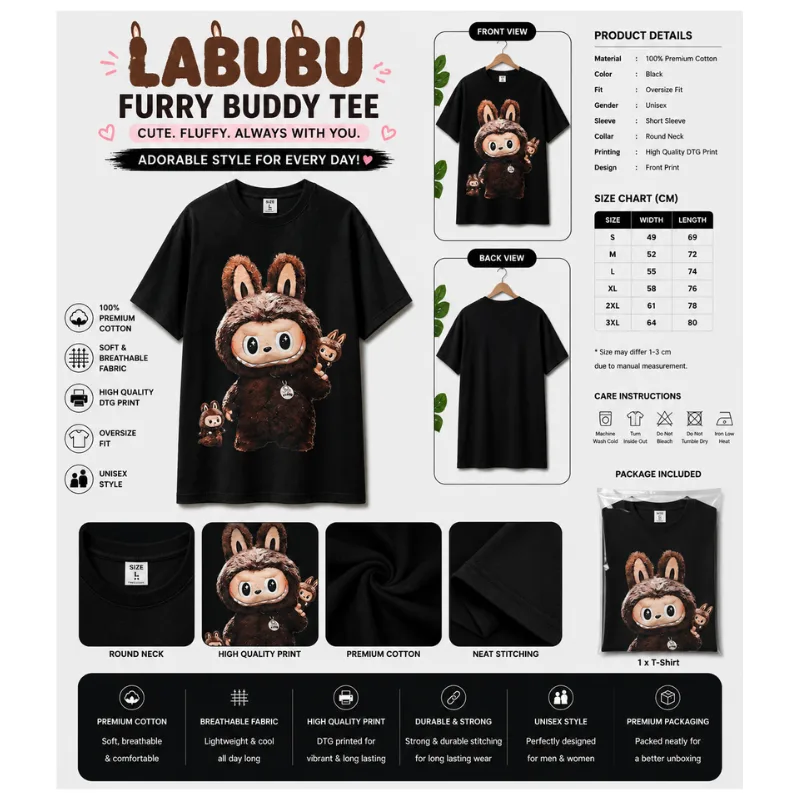 Labubu Furry Buddy Tee – Black Oversize Unisex T-Shirt thumbnail 2