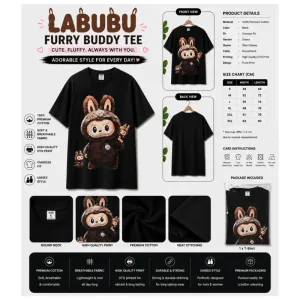 Labubu Furry Buddy Tee – Black Oversize Unisex T-Shirt