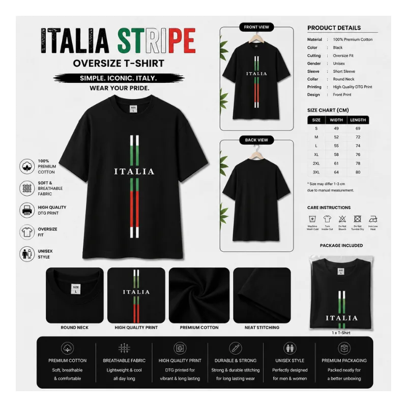 ITALIA Stripe Oversize T-Shirt | Premium Cotton Unisex Casual Tee thumbnail 2