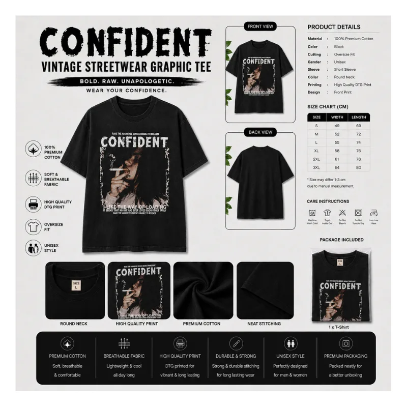 CONFIDENT Vintage Streetwear Graphic Oversized T-Shirt thumbnail 2