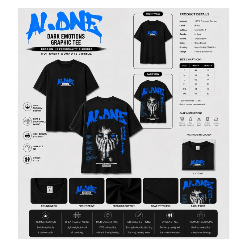 ALONE Dark Emotions Graphic Oversized T-Shirt thumbnail 2