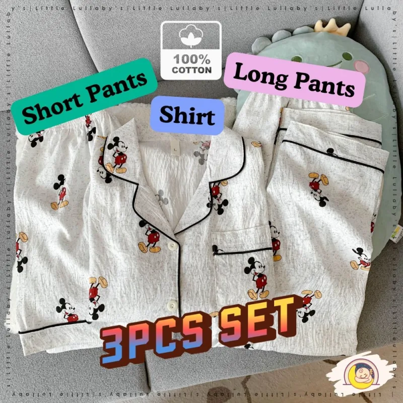3PCS Cotton Pajamas Set Baju Tidur Women Girls Baju Tidur Kapas Seluar Pakaian Tidur