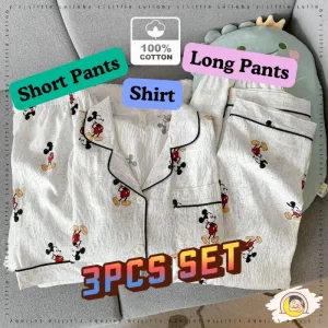 3PCS Cotton Pajamas Set Baju Tidur Women Girls Baju Tidur Kapas Seluar Pakaian Tidur