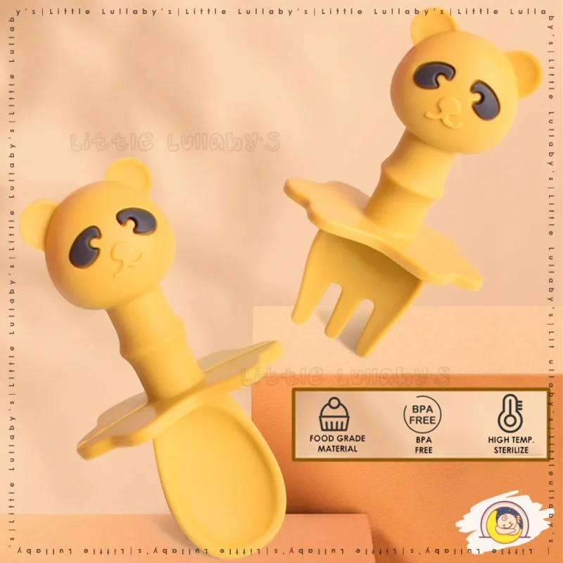 [2 Pcs] Bear Silicone Spoon Fork Set Baby Infant Training Self Feeding Set Garpu Sudu Silikon Beruang