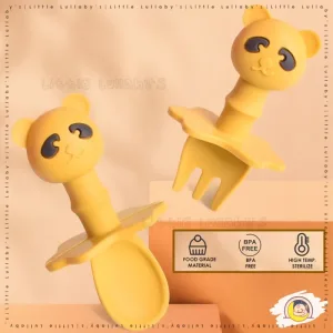 [2 Pcs] Bear Silicone Spoon Fork Set Baby Infant Training Self Feeding Set Garpu Sudu Silikon Beruang
