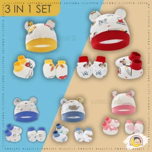 3 in 1 Baby Hat Mitten Glove Cap Socks Newborn Infant Sarung Tangan Sarung Kaki Topi 3