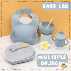 [Free Lid] Baby Silicone Bowl Set Dining Tableware Feeding Spoon Bib Mangkuk Silikon