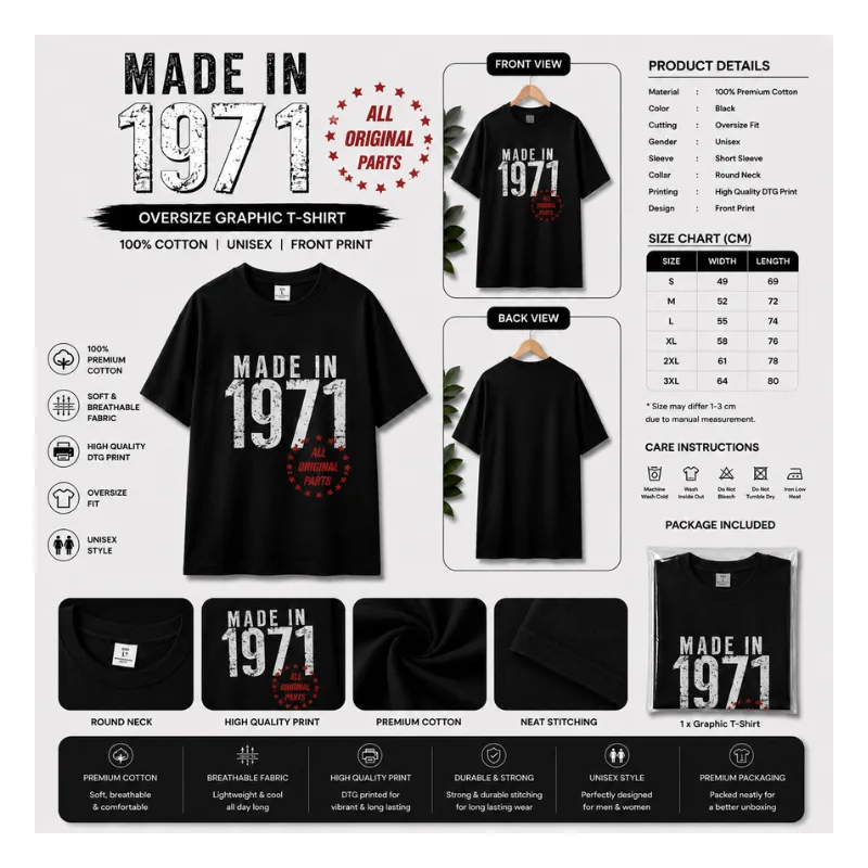 Made In 1971 All Original Parts Oversized T-Shirt thumbnail 2