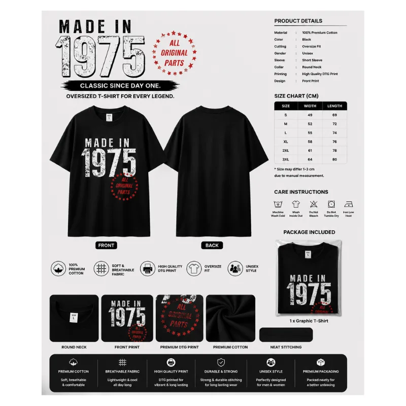 Made In 1975 All Original Parts Oversized T-Shirt thumbnail 2