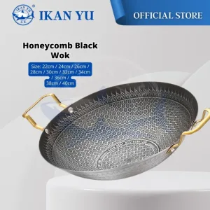 YU Online - 40cm Kuali Sarang Lebah Bertangkai emas Keluli Tahan Karat / Kuali Honeycomb Wok / Cookware / kuali xmelekat
