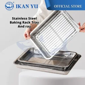 YU Ready Stock Stainless Steel Rectangule Tray with baking Rack / Serving Tray / Food Tray / Dulang Ayam Goreng / Talam
