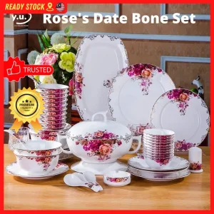 YU Ready Stock 58 pcs Rose-Date Luxury Ceramic Tableware sets / Pinggan Mangkuk set / wedding gifts housewarming