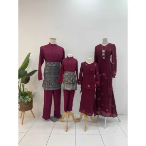 NEW DESIGN SET FAMILY MODEN DELIMA IN BURGUNDY I KURUNG DAN BAJU MELAYU I MATERIAL CHIFFON