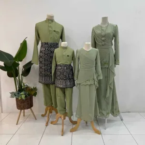 NEW DESIGN SET FAMILY MODEN DELIMA IN SAGE GREEN I KURUNG DAN BAJU MELAYU I MATERIAL CHIFFON